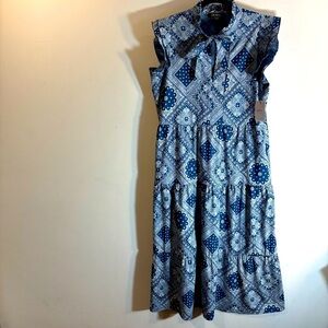 DOTTY Sz M Ruffle Sleeves Dress Damasc Paisley Pattern Ruffle Neck Pockets NEW